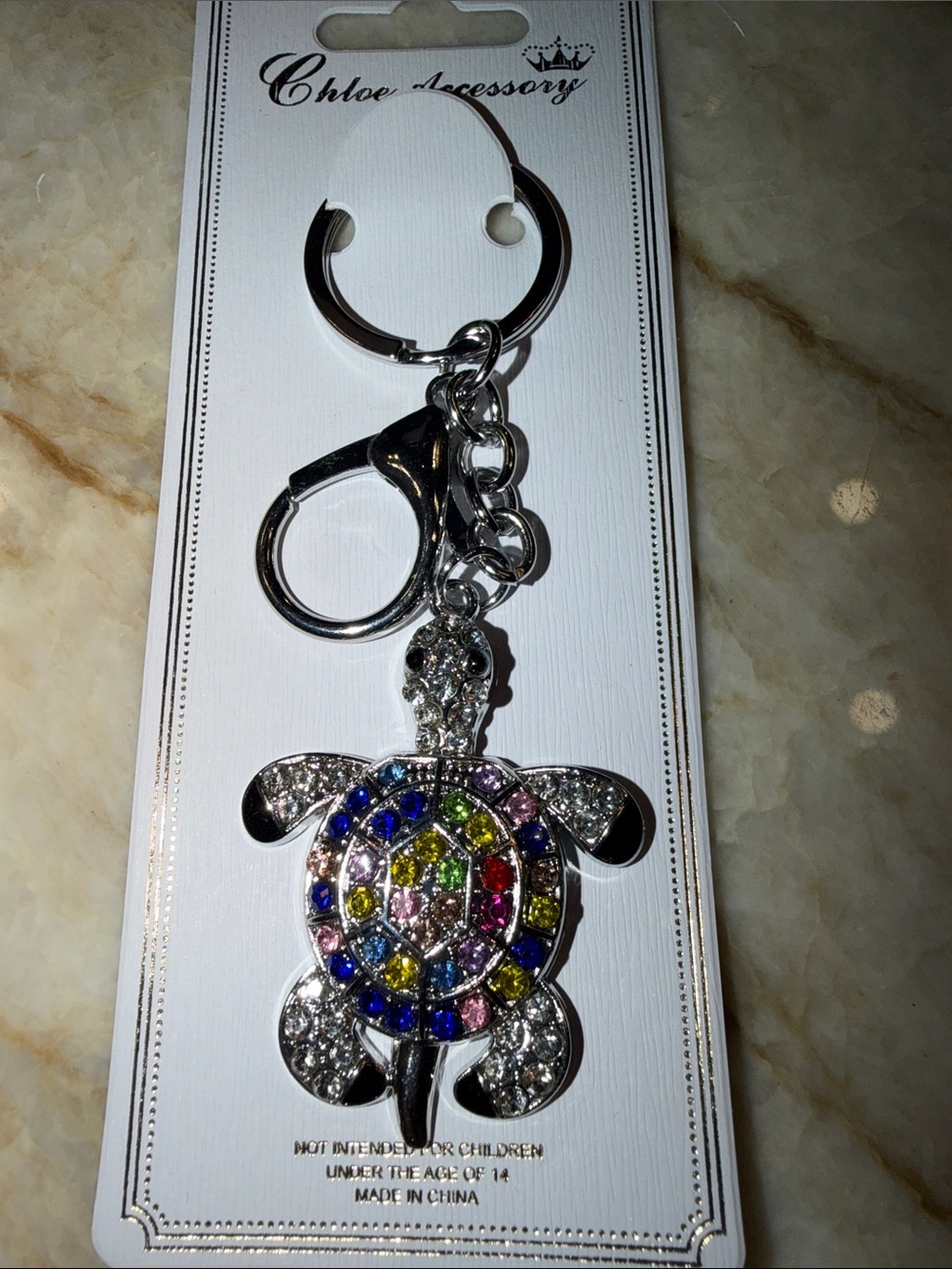 Chloe Multicolor Crystal Turtle Key & Card Holder - Silver Tone